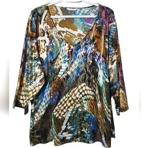 TanJay Multicolor Tunic Blouse V Neck Shimmer Holiday Party 3/4 Sleeves Size 2X